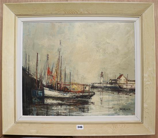 Depresle, three oils on canvas, shipping in harbour and views along The Seine, signed, 18 x 21in. and 8.5 x 10.5in.